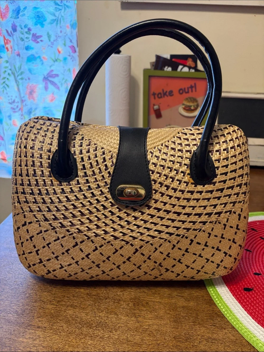 Woven Straw Satchel with Black Trim and Handles